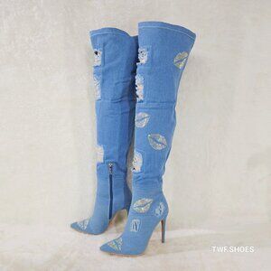 Kiss My - Blue Distressed Denim Thigh High Boots With Rhinestone Lips